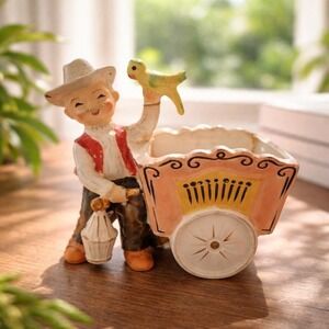 Vintage 1950s Enesco Organ Grinder & Parrot Ceramic Planter 5" Tall Hand Painted